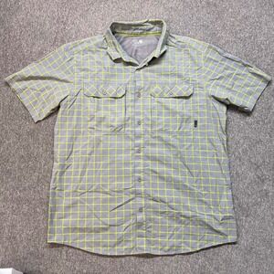 Mountain Hardwear Mens XL Short Sleeve Hiking Shirt Grey Neon Yellow Grid Plaid